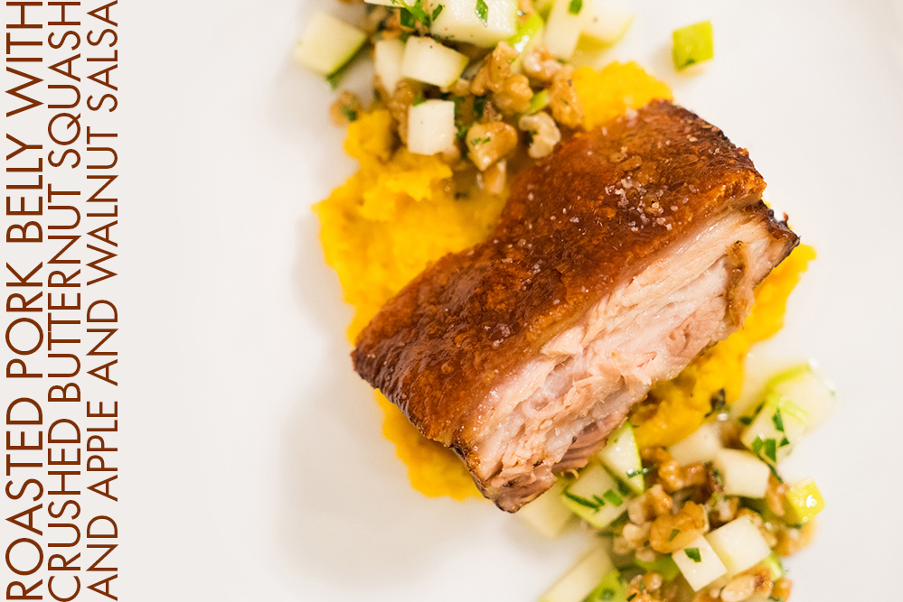 Roasted Pork Belly with Crushed Butternut Squash and Apple and Walnut Salsa